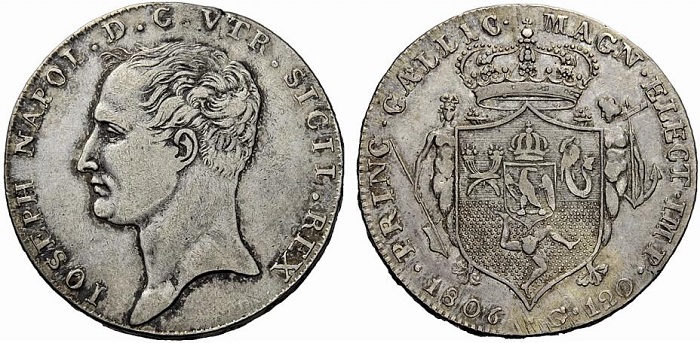 Rarissimo esemplare di 120 grana per Napoli 1806 a nome di Giuseppe Napoleone (Ag, mm 38 per g 27,5)