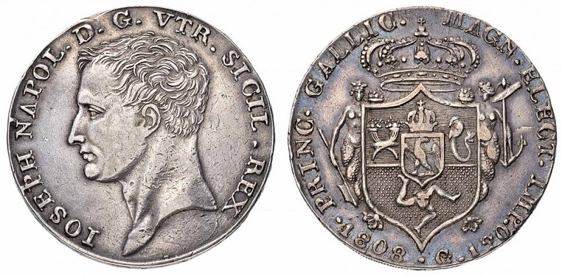 Completa la serie delle monete napoletane a nome di Giuseppe Napoleone la piastra con millesimo 1808 (Ag, mm 38 per g 27,5)