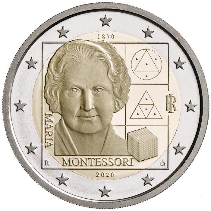 Maria Montessori sui 2 euro d'Italia 2020 emessi in proof e in rotolini fior di conio da 25 monete l'uno lo scorso 9 giugno