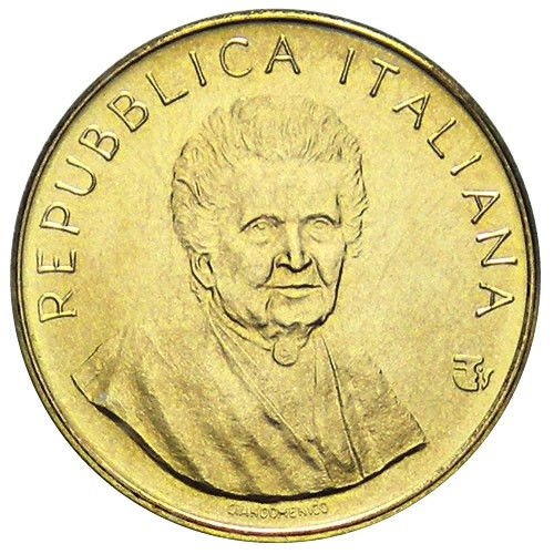 Maria Montessori sul dritto delle 200 lire FAO 1980, prima moneta dedicata alla scienziata e modellata da Sergio Giandomenico