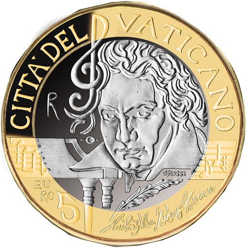 La prima delle due nuove monete vaticane che presentiamo è la magnifica bimetallica da 5 euro per Beethoven, nel 250° anniversario della nascita del genio