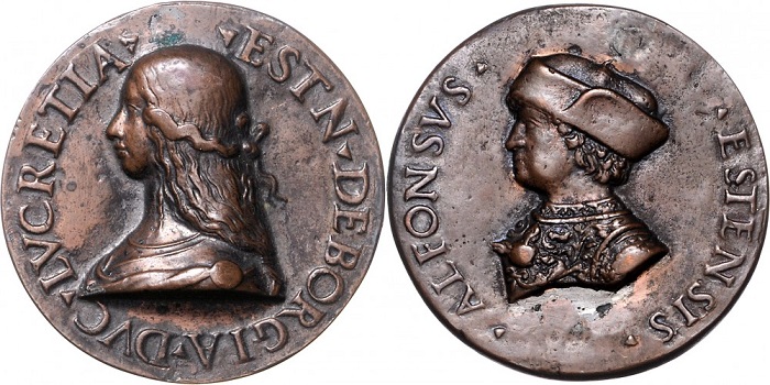Medaglia di mm 55 fusa in bronzo (1502?) con i ritratti di Alfonso d'Este, duca di Ferrara (1476-1534) e Lucrezia Borgia