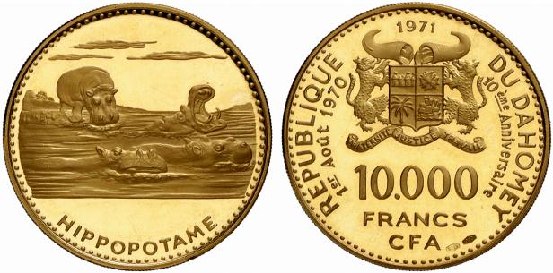 Monta in oro da 10.000 franchi CFA della Repubblica del Dahomey coniata in Italia nel 1971