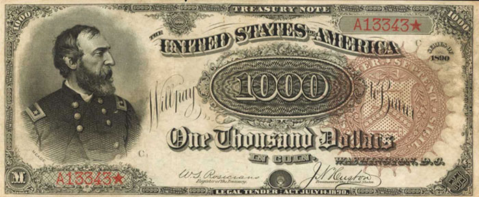 Il biglietto del Tesoro USA da 1000 dollari del 1890 ribattezzato "Grande cocomero", sfrotunato al momento dell'emissione e milionario sul mercato numismatico