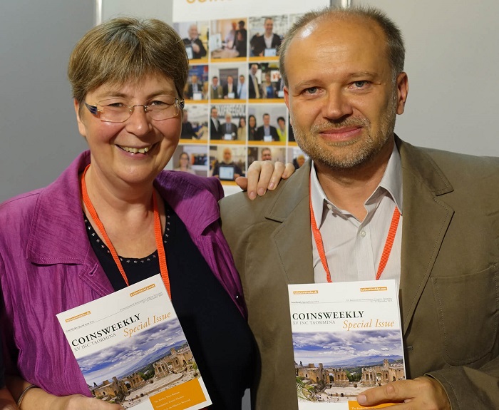 Ursula Kampmann con Mikael Matzke al XV Congresso internazionale di numismatica a Taormina nel 2015