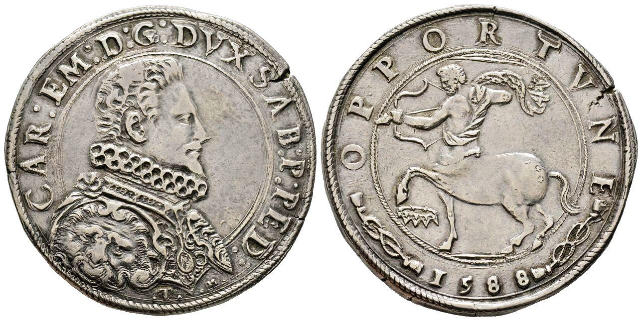 Ducatone torinese anno 1588 con il centauro e la costellazione del Sagittario, il tutto con nodi sabaudi e motto OPPORTVNE in abbinamento ad un magnifico ritratto del duca