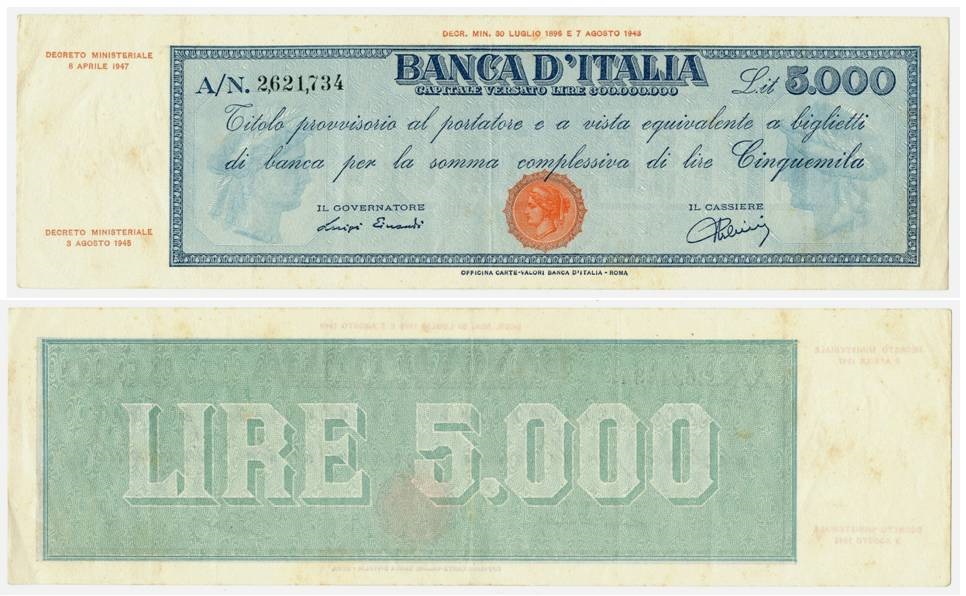 Taglio provvisorio della Banca d'Italia da 5000 lire con contrassegno Testina. Vi si legge sul fronte come il titolo sia "al portatore ed equivalente a biglietti di banca"(courtesy cartamoneta.com)