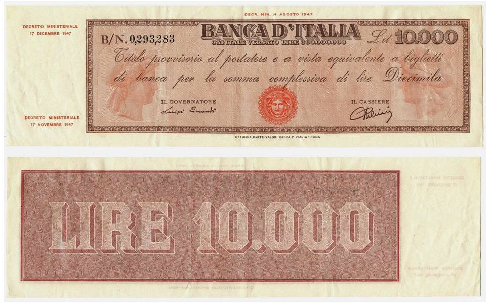 Uno dei milioni di titoli provvisori da 10.000 lire emessi dalla Banca d'Italia con contrassegno Testina al centro del fronte. Il modello del biglietto deriva dai vaglia cambiari di Via Nazionale (courtesy cartamoneta.com