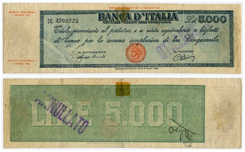 Titoli provvisori: un bel falso d'epoca, annullato e firmato per certificazione "di falsità", del titolo da 5000 lire:;si noti la grossolana incisione del piatto di stampa al dritto e delle legende (courtesy cartamoneta.com)