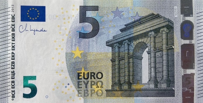 Ecco la prima immagine diramata dalla Bce del biglietto da 5 euro stampato con firma di Christine Lagarde