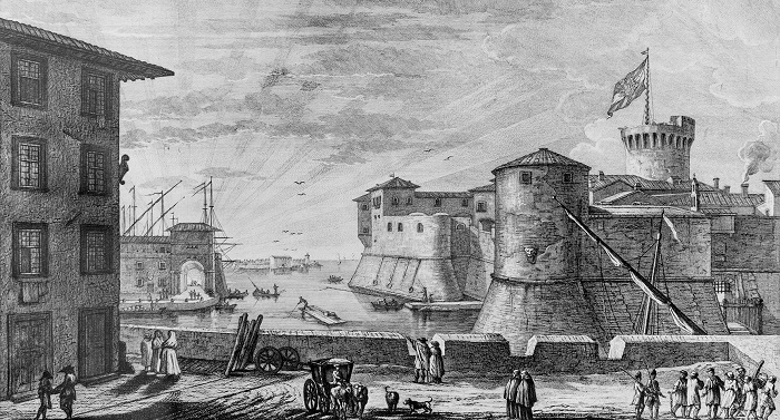 La fortezza e il porto della città di Livorno in un'incisione d'epoca