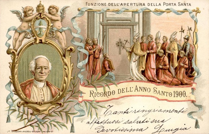 Cartolina ricordo per l'apertura della Porta Santa durante il Giubileo dell'anno 1900 con ritratto di Leone XIII