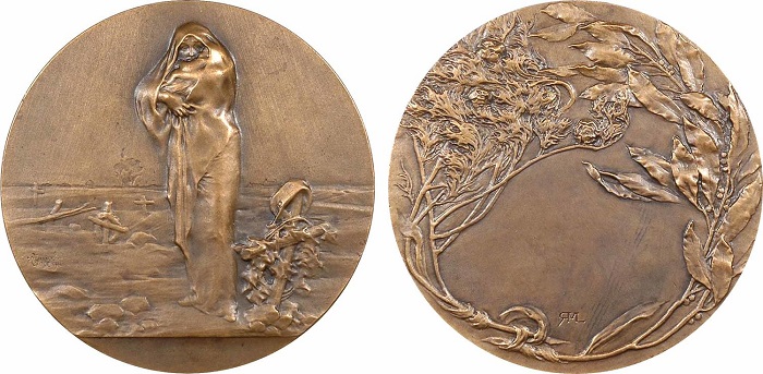 Medaglia dal titolo "L'Oeuvre des barbares" modellata dalla Lancelot nel 1916 e coniata a Parigi (bronzo, mm 60) per stigmatizzare le morti inutili della Grande guerra