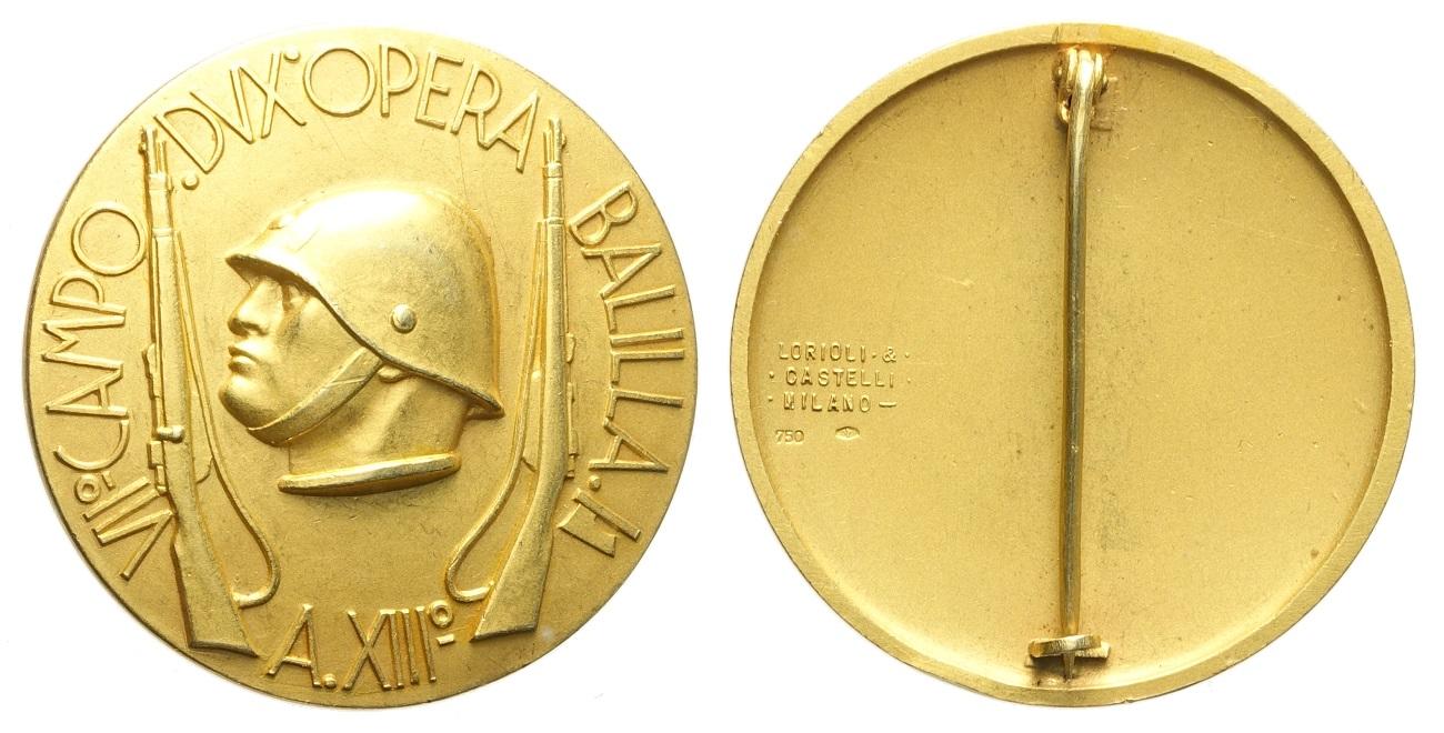 Tra la memorabilia dell'Opera nazionale balilla, attiva dal 1926 al 1937, figurano anche rarissime medaglie in oro come questa, coniata dalla Lorioli e Castelli nel 1935