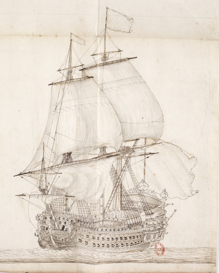 La "Soleil Royal" in navigazione in un antico disegno: varata nel 1669, la nave era lunga 61 metri, dislocava 1680 tonnellate ed era armata con 104 cannoni