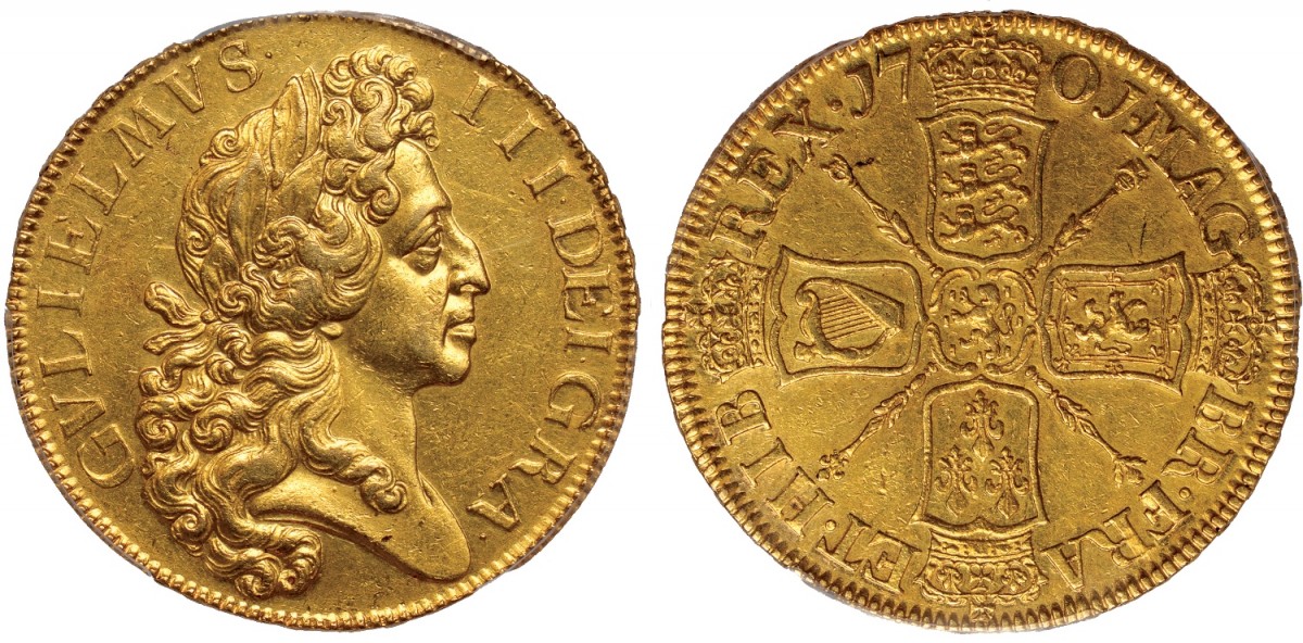 Una rarissima moneta in oro da 5 ghinee con magnifico ritratto di Guglielmo III, fondatore della Royal Navy, coniata nel 1701 e testimonianza del potere economico raggiunto dall'Inghilterra a scapito di Francia e Spagna