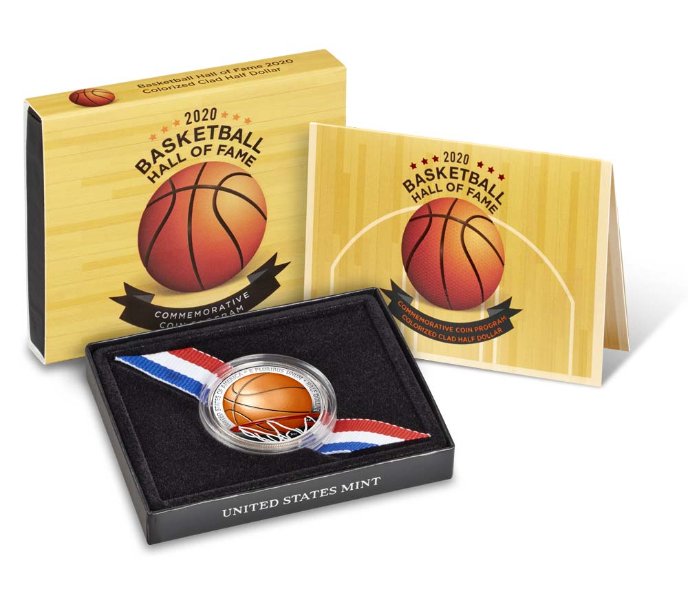 Porta ovviamente i colori del campo di gioco la confezione delle monete americane per la Basketball Hall of Fame