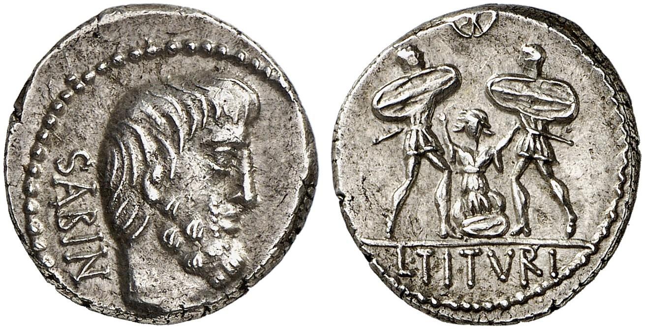 Il celebre denario repubblicano che ricorda il mito di Tarpeia, il cui supplizio è raffigurato al rovescio