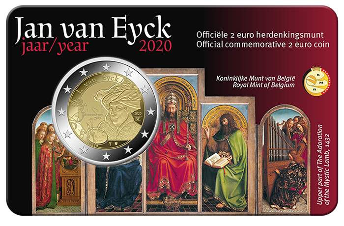 Il "Polittico di Gand", uno dei capolavori di Van Eyck, abbellisce la coincard in cui la zecca belga propone la 2 euro 2020 per il pittore vissuto tra XIV e XV secolo