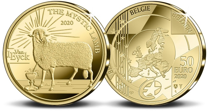 Un dettaglio de "L'Adorazione dell'Agnello mistico" sulla 50 euro in oro emessa in soli mille esemplari proof e che completa la serie per Van Eyck