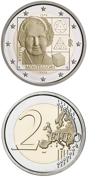 Maria Montessori, nata un secolo e mezzo fa, nella moneta proof da 2 euro che l'Italia gli ha dedicato quest'anno