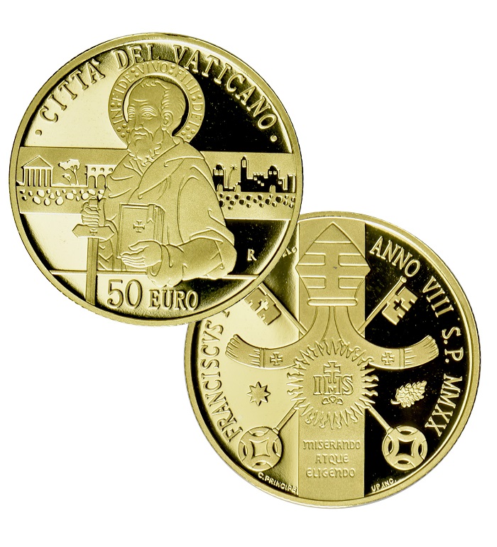 La Croce si scompone in due fasce, sulle due facce della moneta vaticana da 50 euro che celebra san Paolo e il suo apostolato