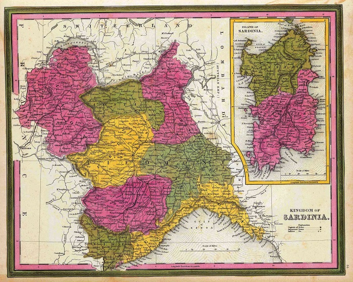 Il Regno di Sardegna in una carta geografica pubblicata in un libro inglese di inizio XIX secolo