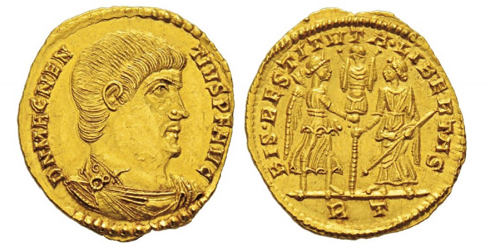 Nel solido che vediamo, invece, Magnenzio sostiene di aver liberato Roma addirittura due volte, e così tenta di consacrare nell'oro il proprio potere imperiale che, invece, avrà breve durata