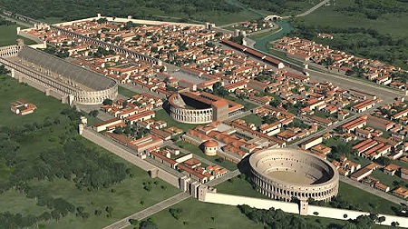 Ricostruzione di come appariva la città di Aquileia in epoca imperiale romana: un centro fiorente e strategicamente importante nel nord-est della Penisola