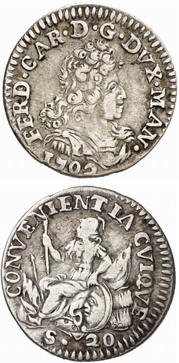 Al rovescio di questi 20 soldi, sulle armi siede Minerva (secondo alcuni, la personificazione della città di Mantova)