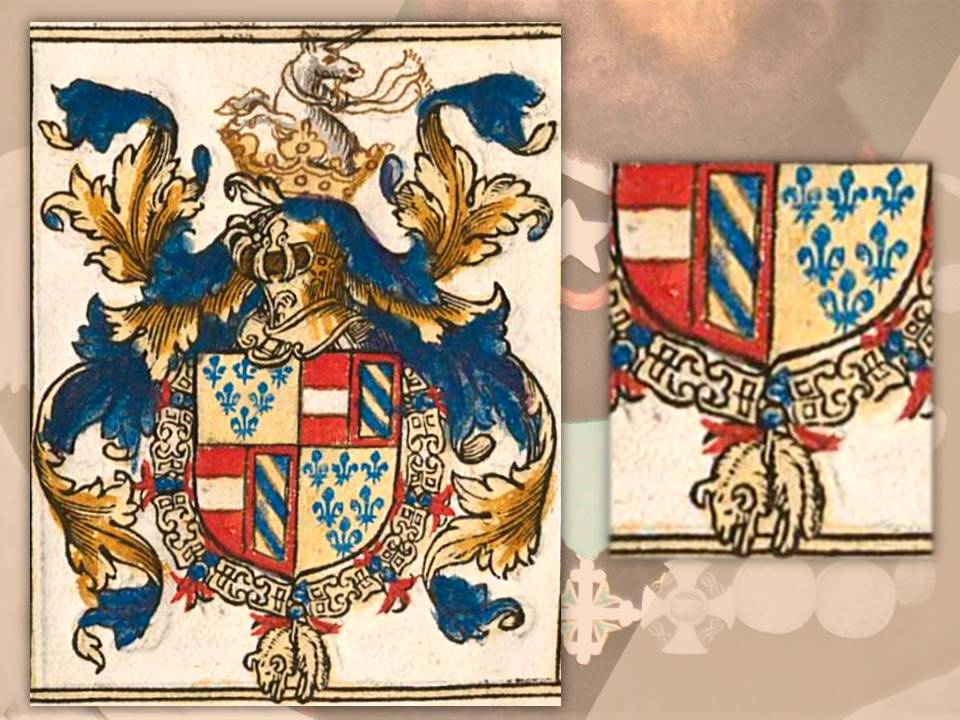 Alessandro Farnese duca di Parma e Piacenza: la sua arma è decorata dei simboli cavallereschi (dallo "Stemmario del Toson d'Oro" di fine XVI secolo)
