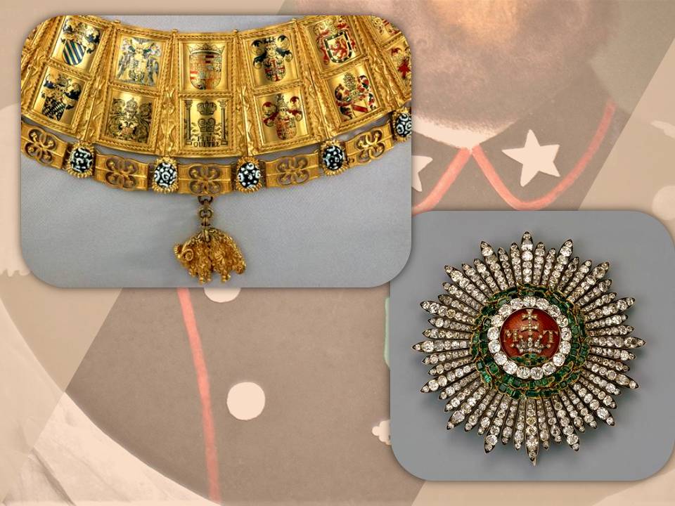 Collare e pendente del Toson d'Oro (a sinistra) e placca dell'Ordine di Santo Stefano d'Ungheria (a destra) dalle collezioni del Kunsthistorische Museum di Vienna