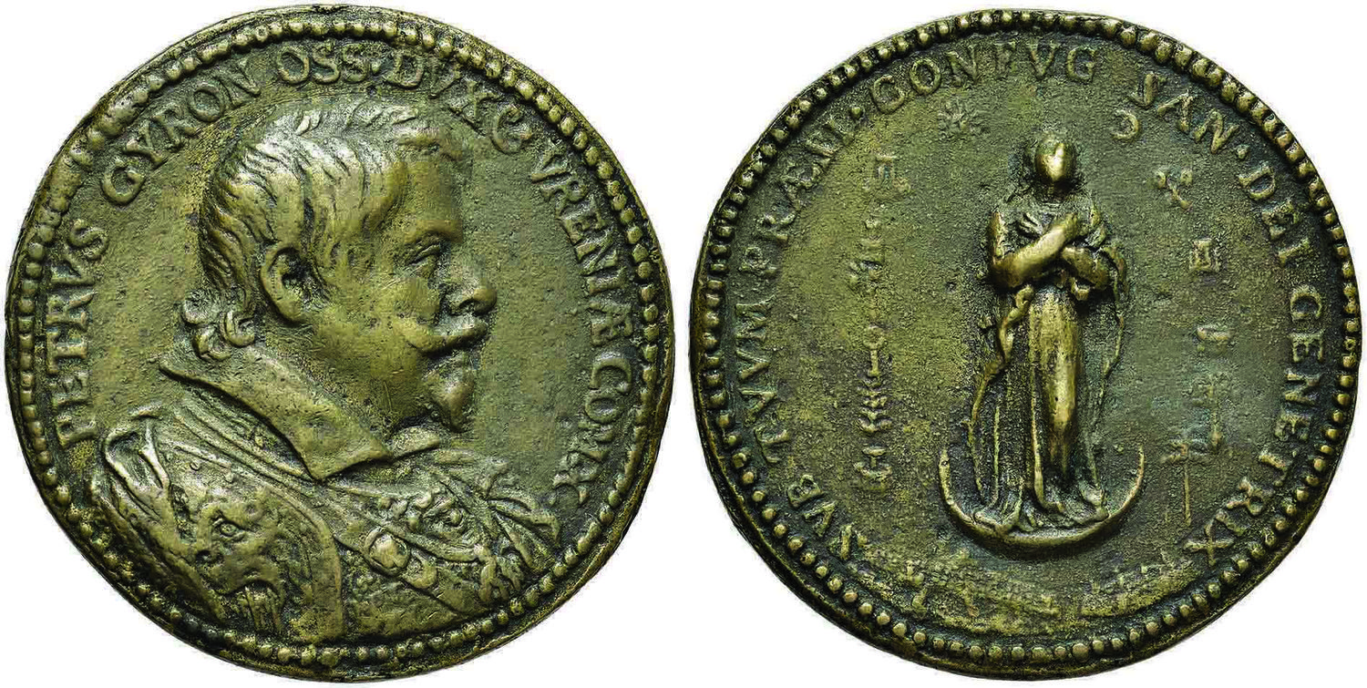 Medaglia fusa a Napoli da Giulio de Grazia nel 1618 per volere di Pietro Giron vicerè di Napoli e duca di Ossuna (1574-1624). Al D/ il busto del vicerè, al rovescio la Vergine Immacolata (Ae, mm 47, g 39,70)