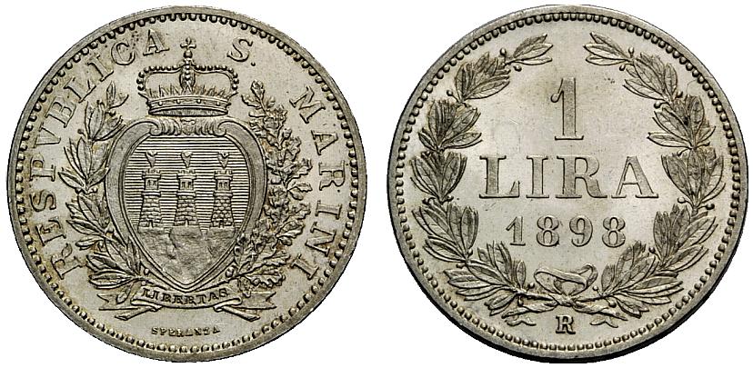 Lira in argento di San Marino con millesimio 1898: la monetazione della piccola Repubblica era iniziata con spiccioli in rame nel 1864, dopo la firma della Convenzione con il Regno d'Italia