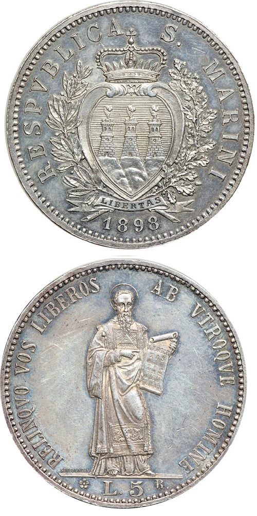 Un magnifico esemplare della rara 5 lire in argento sammarinese del 1898, parte della prima serie di monete in argento coniate dalla Repubblica