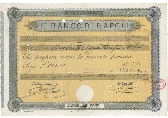 La fede di credito, uno strumento finanziario di antica origine, qui in un esemplare da 255,80 lire emesso proprio dal Banco di Napoli e risalente al 1931