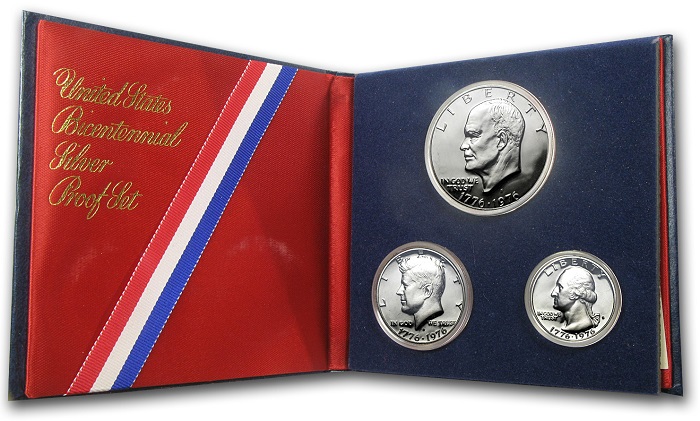 Cofanetto del bicentenario dell'indipendenza USA in argento con monete da uno, mezzo e un quarto di dollaro proof