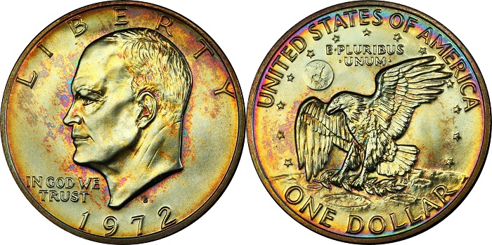 Dollaro Eisenhower datato 1972 nella versione in argento; un esemplare eccezionale con delicata patina multicolore