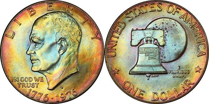 Dollaro Eisenhower 1976 in argento; alla "patch" della missione "Apollo 11" è sostituita la campana della Libertà