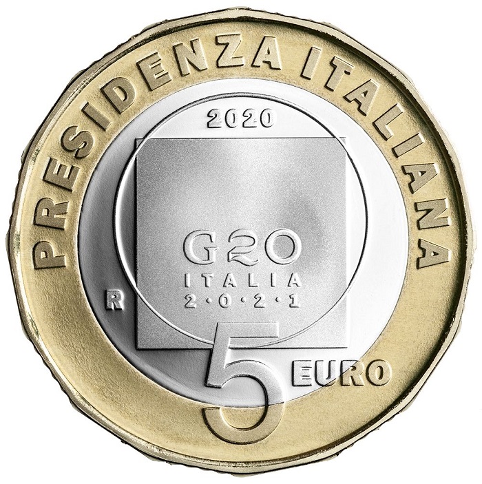 C'è il logo ufficiale della Presidenza italiana del G20 2021 sul rovescio dei 5 euro: un quadrato e un cerchio ispirati a Leonardo e a simbolaeggiare l'Italia e il mondo