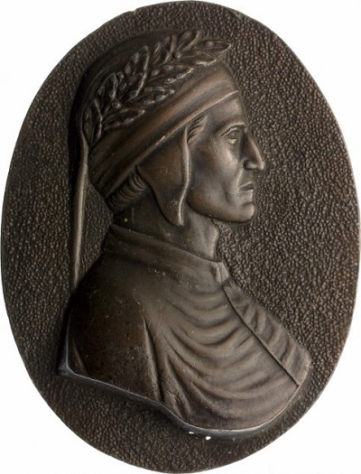 Placchetta uniface in bronzo del XIX secolo raffigurante il profilo di Dante: è solo una delle innumerevoli opere numismatiche dedicate al Poeta