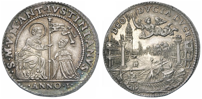 Si trovava in Piazzetta San Marco, fra le due celebri colonne, il primo banco da gioco autorizzato a Venezia: un luogo centralissimo che qui vediamo su un'altra osella, quella di Marcantonio Giustinian coniata nel 1684 Si trovava in Piazzetta San Marco, fra le due celebri colonne, il primo banco da gioco autorizzato a Venezia: un luogo centralissimo che qui vediamo su un'altra osella, quella di Marcantonio Giustinian coniata nel 1684
