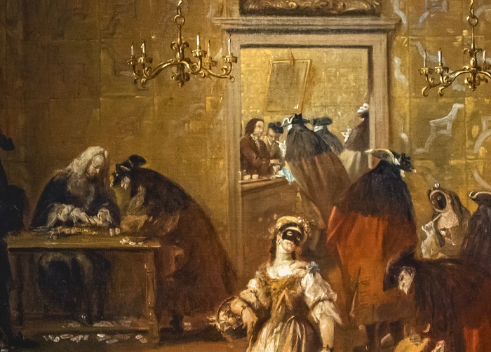 Un gustoso dettaglio de "Il Ridotto di Palazzo Dandolo a San Moise" di Francesco Guardi: bellezze e gentiluomini in maschera, carte da gioco, dadi e sonanti monete d'oro e d'argento animano le notti veneziane del XVIII secolo Un gustoso dettaglio de "Il Ridotto di Palazzo Dandolo a San Moise" di Francesco Guardi: bellezze e gentiluomini in maschera, carte da gioco, dadi e sonanti monete d'oro e d'argento animano le notti veneziane del XVIII secolo