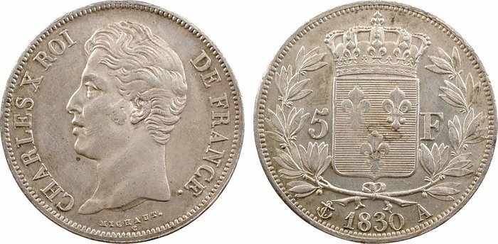 Una delle ultime monete di Carlo X, i 5 franchi in argento coniati dalla zecca della capitale Parigi nel 1830, "canto del cigno" numismatico di un sovrano controverso