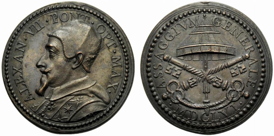 Medaglia in bronzo con legenda ASSAGGIVM GENERALE coniata durante il pontificato di Alessandro VII Chigi (1655-1667): ricorda, per l'appunto, il buon esito delle operazioni di "assaggio" delle nuove monete in zecca