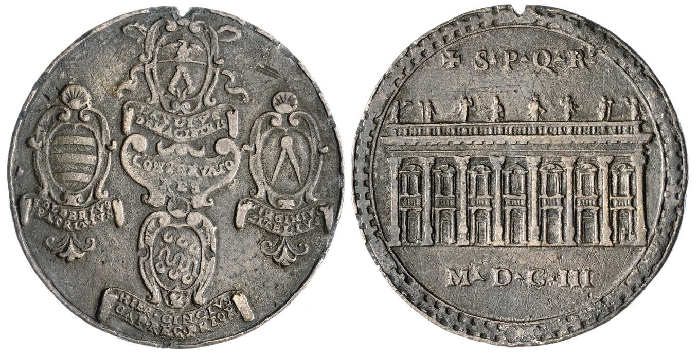 Il Palazzo Nuovo di Piazza del Campidoglio in una medaglia del 1603 con al dritto gli stemmi dei quattro conservatori Delio Demagistris, Solderio Patrizi, Virginio Zitelio e Gerolamo Cincio