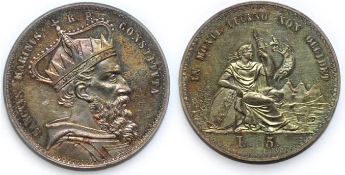 Tra gli esemplari d'eccezione del Museo del francobollo e della moneta di San Marino, in ambito numismatico figurano i progetti delle 5 lire datati 1867, moneta mai emessa e che sarà esposta insieme ai coni originali