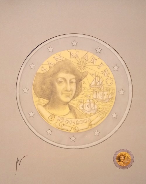 Bozzetto di Luciana De Simoni per i 2 euro commemorativi di San Marino del 2006 dedicati a Cristoforo Colombo: anche dei pezzi unici d'artista come questo arricchiranno il Museo del francobollo e della moneta