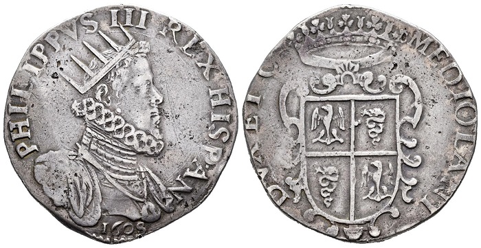 Ducatone in argento a nome di Filippo III di Spagna coniato dalla zecca di Milano nel 1608