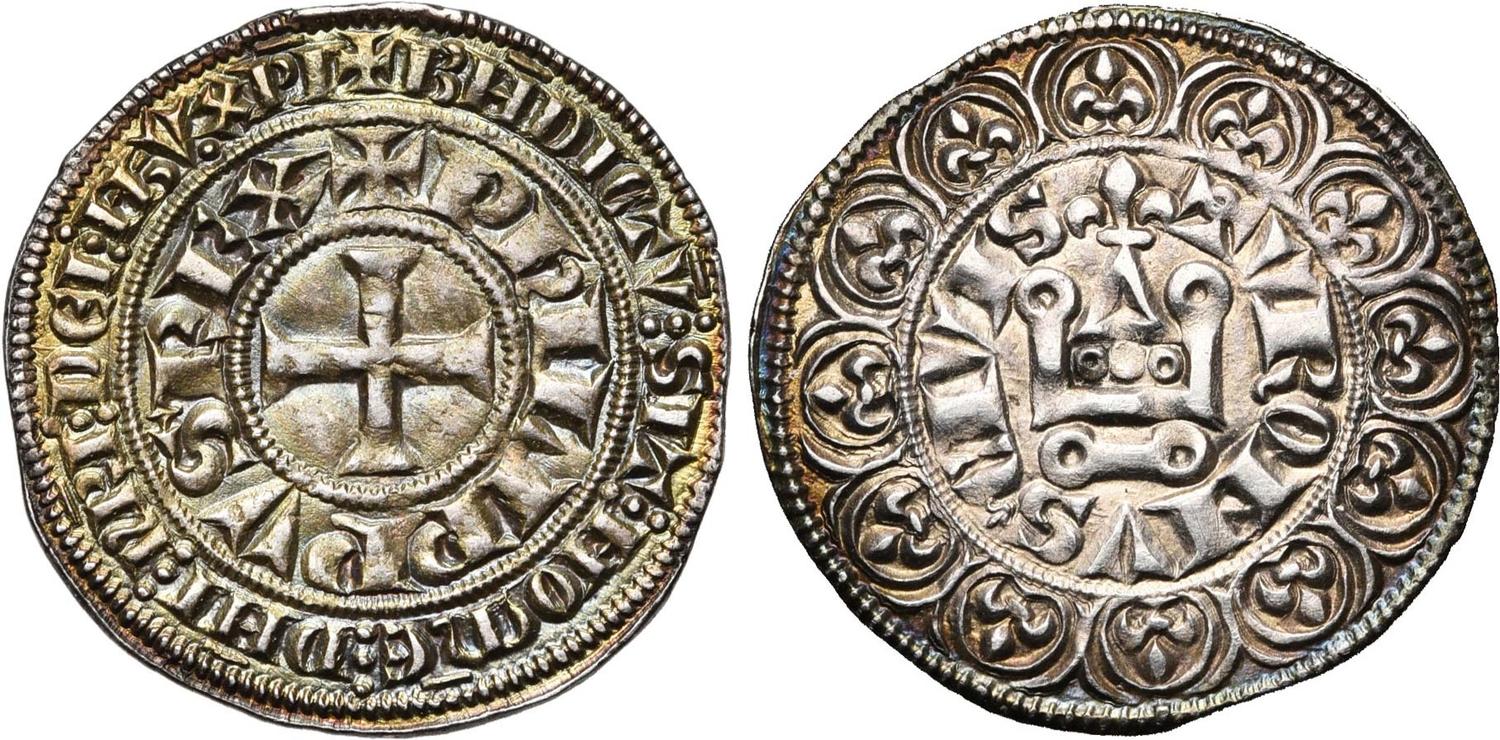 Un bellissimo esemplare di grosso tornese a nome di Filippo IV "il Bello" risalente al periodo 1285-1314: questo tipo di moneta si sarebbe diffuso e sarebbe stato imitato da varie zecche in Europa